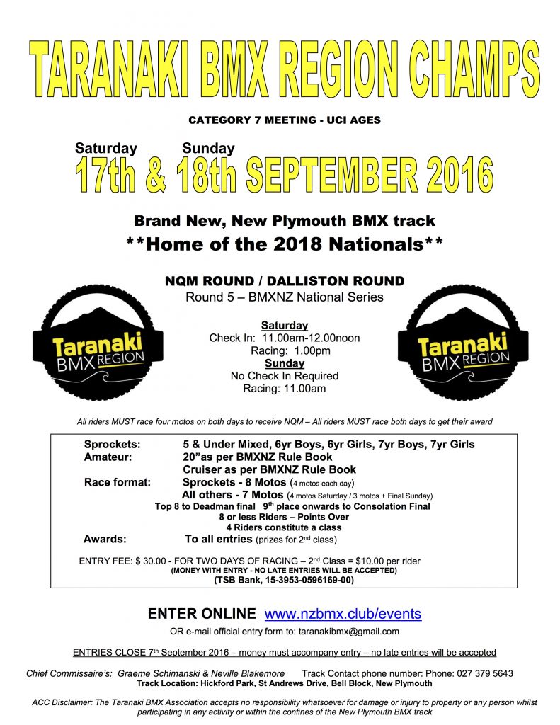 2016 Taranaki Region Champs Flyer